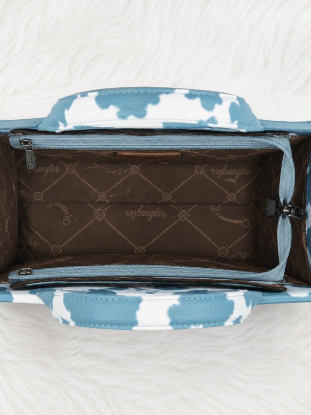 Wrangler Blue Cow Print Tote Bag Western Crossbody Purse Sky Blue & White NWT - Picture 2 of 2